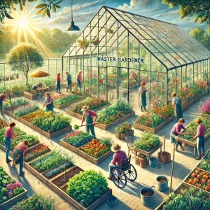 DALL·E 2025 02 05 08.34.11 A detailed illustration representing a community Master Gardener organization specializing in greenhouse growing. The scene showcases a spacious green
